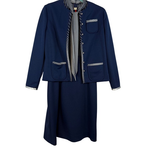 Leslie Fay Dresses & Skirts - Vintage Leslie Fay Navy Blue Skirt Suit Set Striped Tie Secretary Career